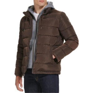 NWT Kenneth Cole Men's Hooded Quilted Puffer Jacket Integrated Grey Bib Brown M